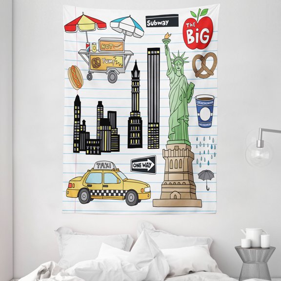 Doodle Tapestry, New York City Manhattan Statue of Liberty The Big Apple Hot Dog Stand Sketch Style, Wall Hanging for Bedroom Living Room Dorm Decor, 60W X 80L Inches, Multicolor, by Ambesonne