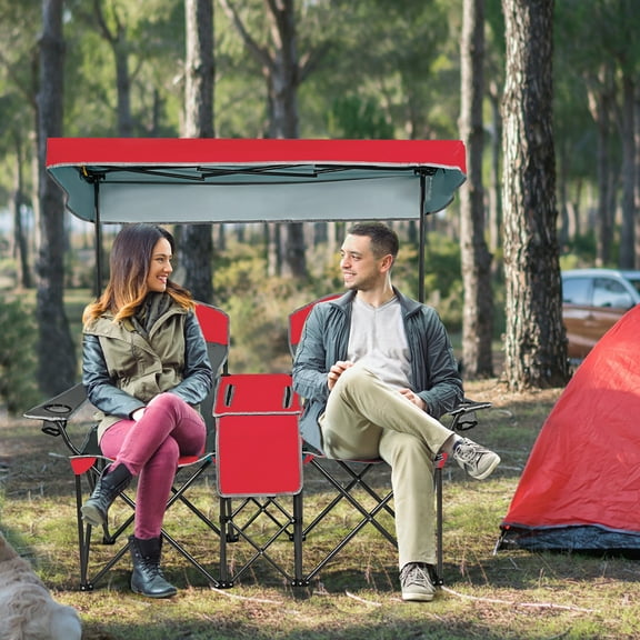Goplus Portable Folding Camping Canopy Chairs w/ Cup Holder Cooler Outdoor Red