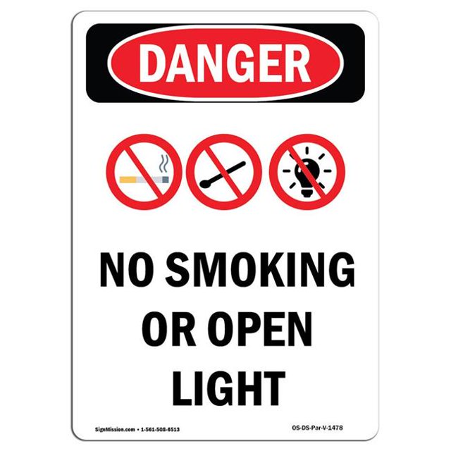 SignMission OS-DS-A-1218-V-1478 12 x 18 in. OSHA Danger Sign - No Smoking or Open Lights