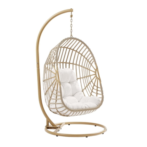 Pemberly Row Rattan Outdoor Patio Swing Chair in Natural/White