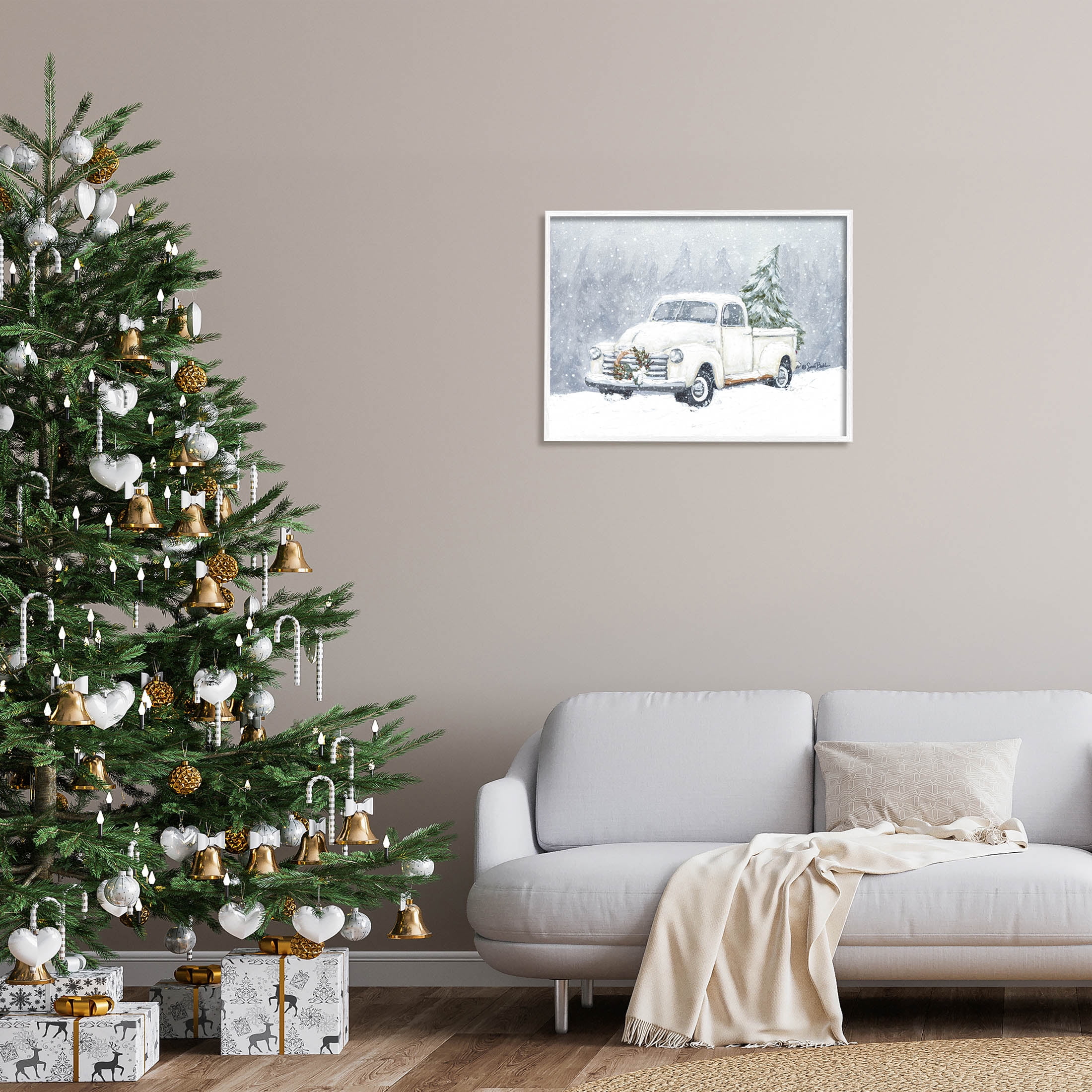 Seasonal Niveous Snow Truck Scene Holiday Painting White Framed Art Print Wall Art