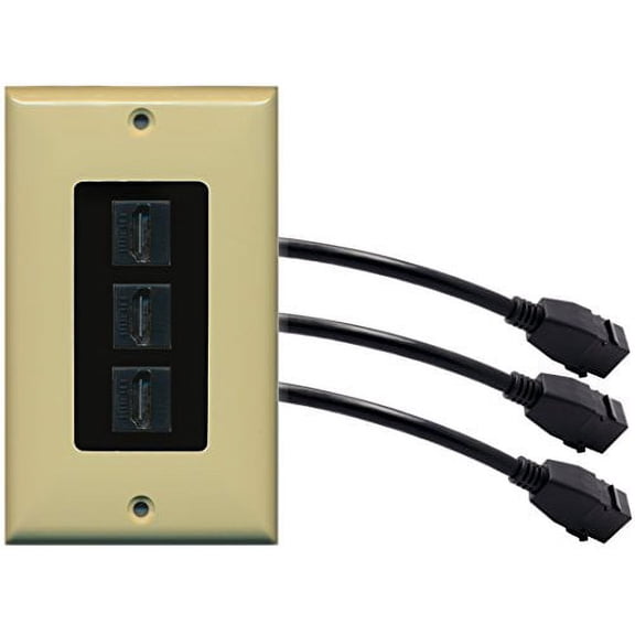 RiteAV (1 Gang Decorative 3 HDMI Black Wall Plate w/Pigtail Extension Cable Ivory (Black Insert)