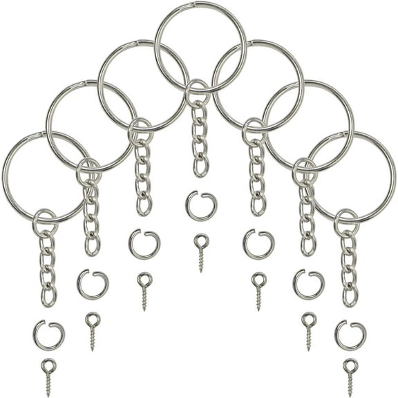 Split Key Ring with Chain, Open Jump Ring and Screw Eye Pins 1 Inch Key Chain Nickel Plated Silver 120pcs Bulk for Crafts