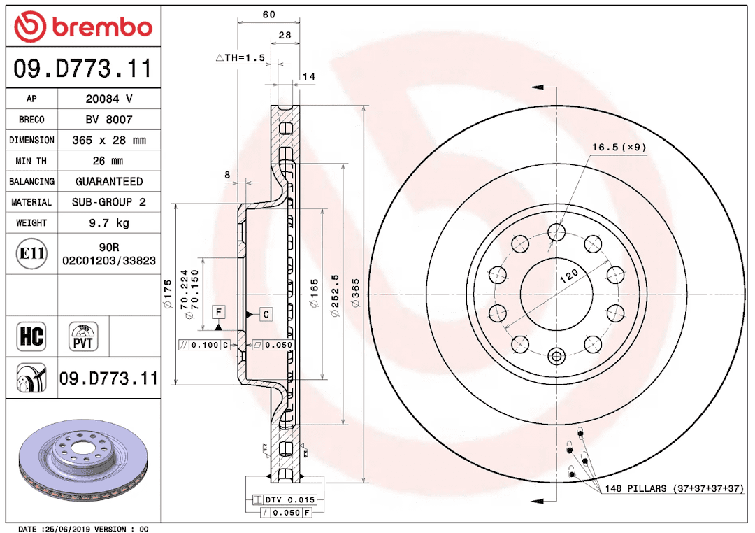 Brembo 09D77311C02; Brake Rotor; Vented; One Piece Design; Wheel Bolt Pattern 9 x 120 Millimeter; High Carbon Cast Iron; Single