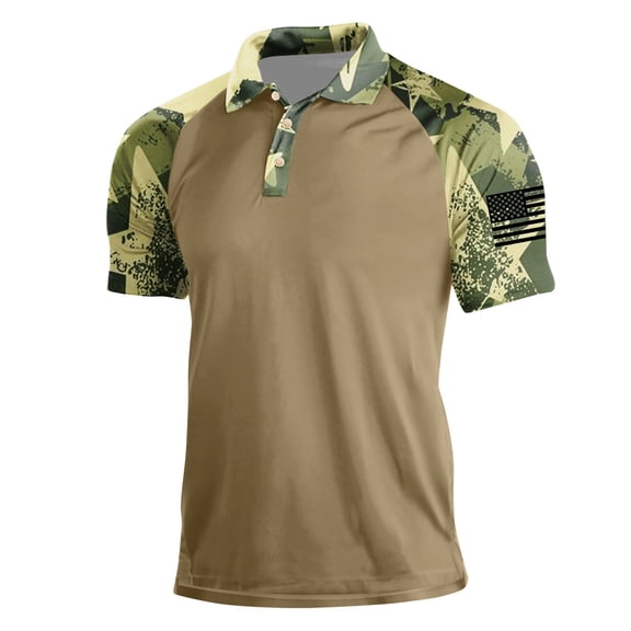OIOLOYJM Mens Polo Shirts Casual Button Up Camo Print Henley Shirts Lightweight Short Sleeve T Shirt Classic Soft Collared Tops Coffee M