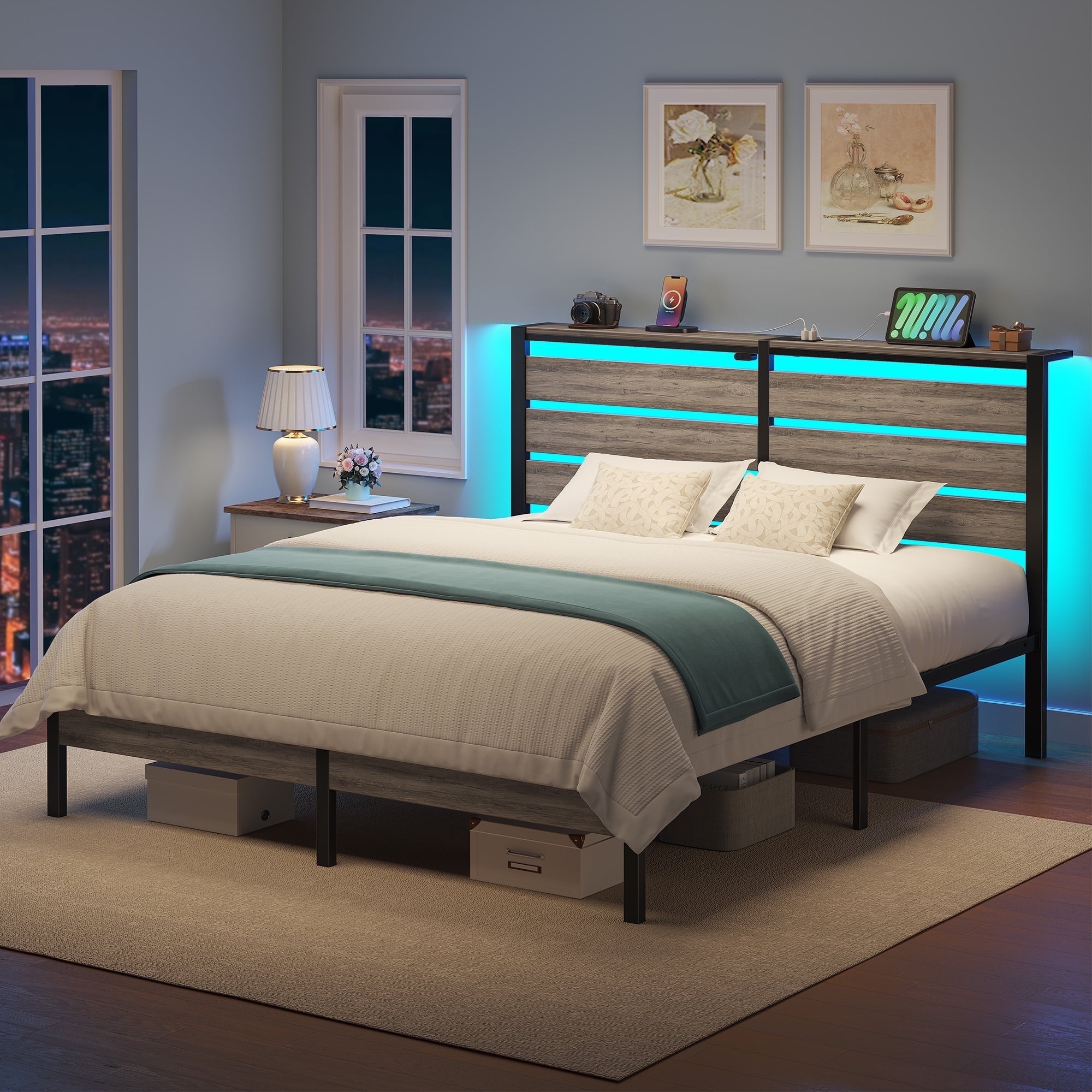 Greenstell Full Size Bed Frame with Storage Headboard,Wood Platform Bed with LED Lights & USB Charging Station,Double Bed Frame with Metal Slats,Light Gray