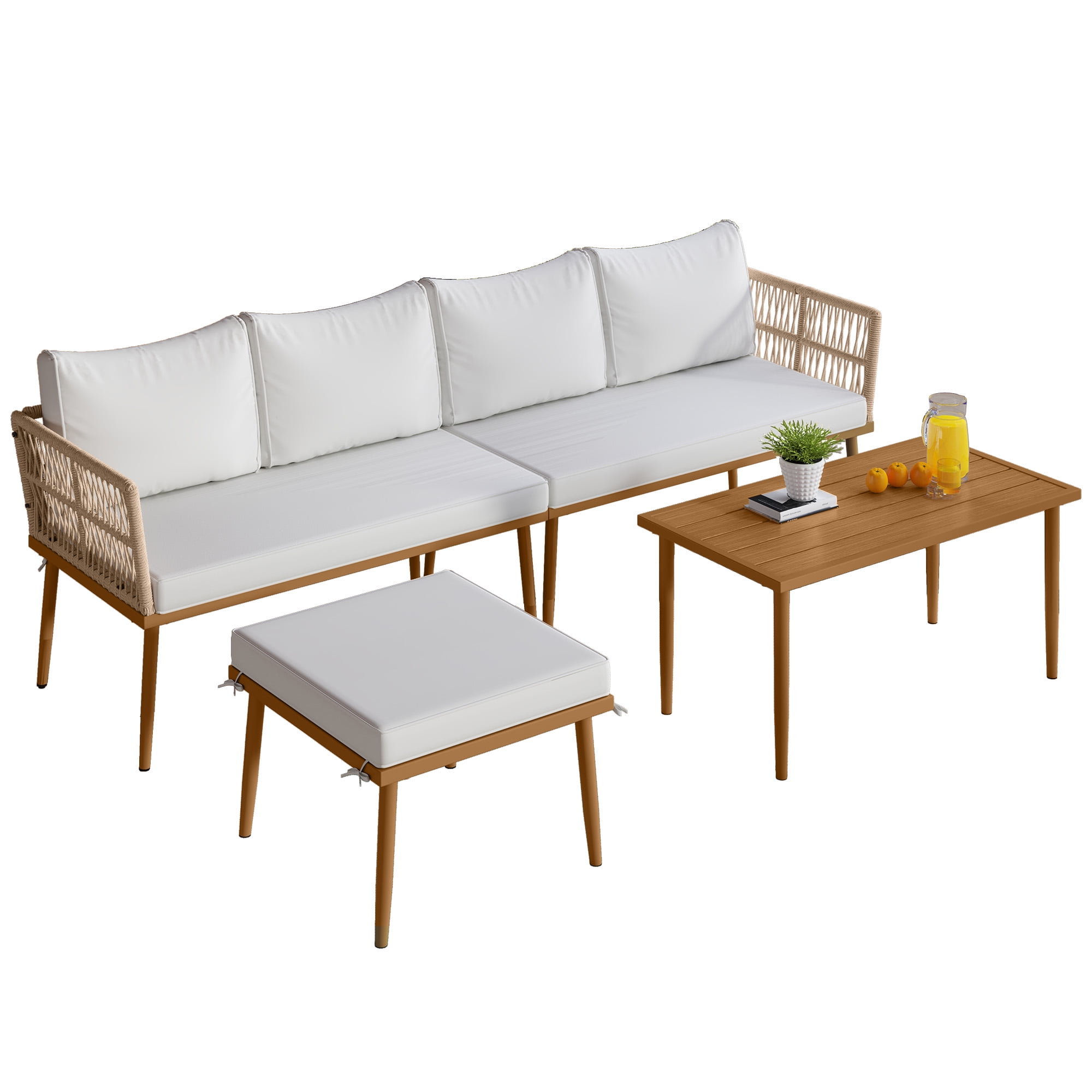 Uforic 4-Piece Outdoor Woven Rope Sectional Sofa Set Patio Furniture Conversation Set, Patio Loveseat with Ottoman and Side Table - Beige