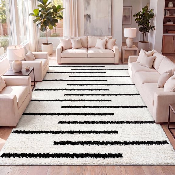 JONATHAN Y MOROCCAN HYPE 5 x 8 Area Rug, Alaro Berber Stripe Shag - White/Gray, MOH402A-5