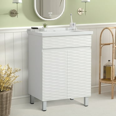 KYLE & KAY 24-Inch Vanity with Sink, Wavy Storage Cabinet with Adjustable Shelf and Ceramic Sink, Bathroom Cabinet Suitable for Small Bathrooms, White