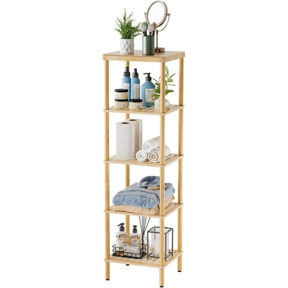 5-Tier Bamboo Bathroom Shelf, Bathroom Standing Shelves, Multifunctional Shelving Unit for Living Room Bedroom Kitchen, Natural Color