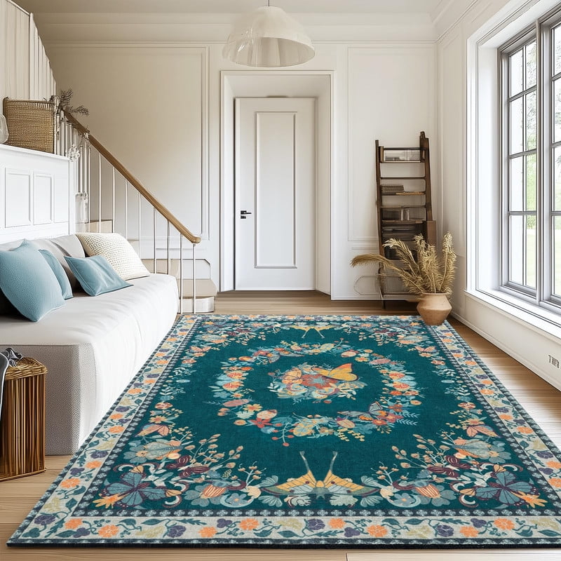 6x9 Washable Dark Green Area Rug for Living Room, Soft Low Pile Butterfly Insect Printed Throw Rugs with Rubber Backing, Non-Slip Stain Resistant Large Carpet for Bedroom Office Dining Girls Room