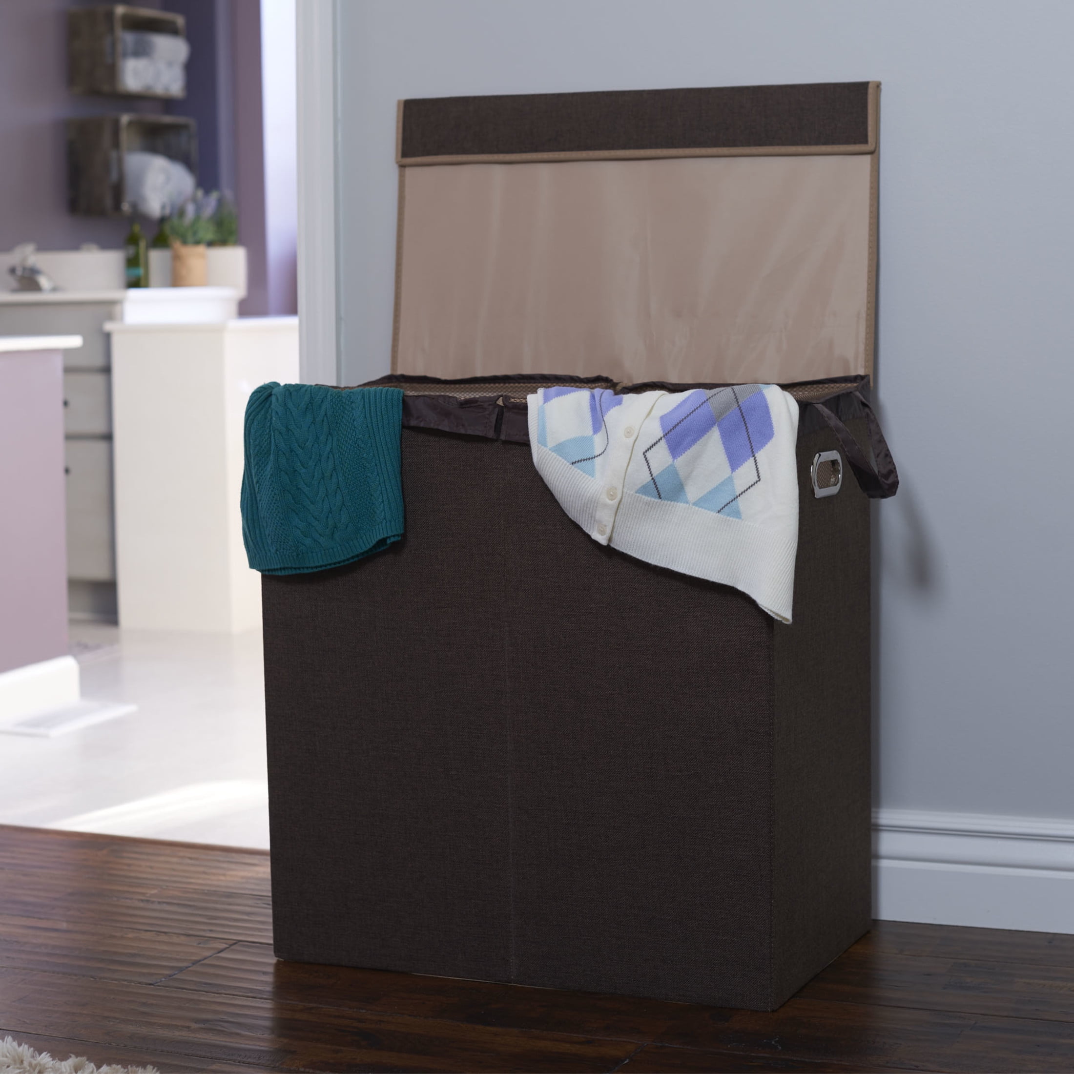 Household Essentials Double Laundry Hamper with Lid, Two Compartments for Easy Sorting with Removable Liner, Collapsible, Brown Linen 5614