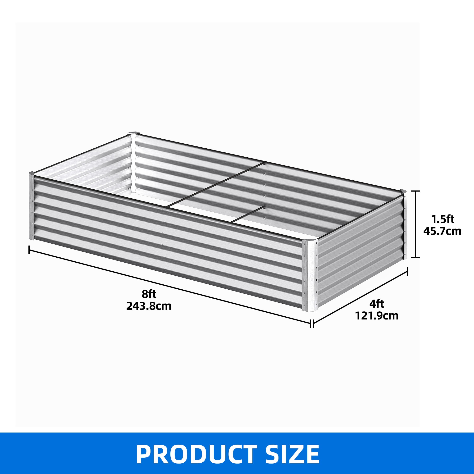 Uforic 8x4x1.5ft 2 Pack Galvanized Metal Raised Garden Bed Kit with Gloves, Ground Nails and Safety Rubber, Silver