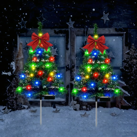 2-Pack 30inch Solar Christmas Tree Stake Lights - 40 LEDs, Larger Red Bow | Waterproof | Outdoor Garden/Patio/Yard/Pathway/Porch Holiday Decor