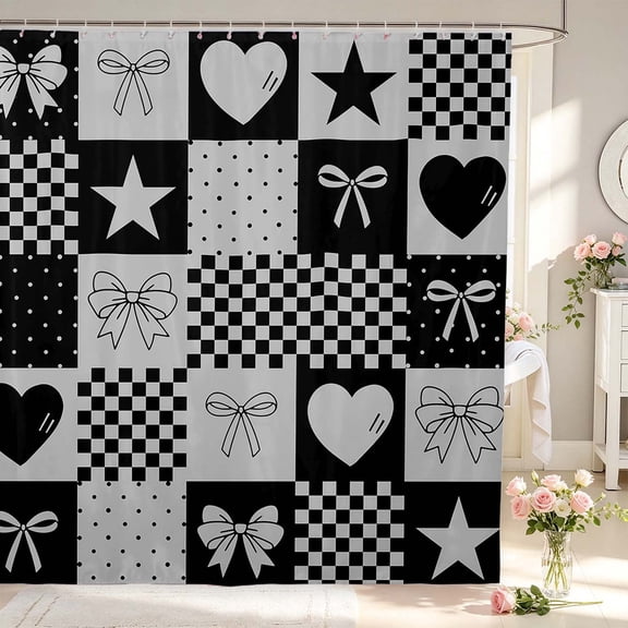 Manfei Checkered Patchwork Shower Curtain 72Wx72L,Cartoon Bow Stars Bathroom Curtain,Black White