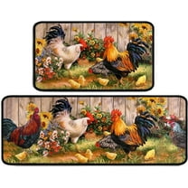 Rooster Theme Kitchen Rug 2 Piece Set, Farmhouse Decor Kitchen Floor Mat, Absorbent and Non-Slip Washable Runner Rug, Chicken Sunflower Decorations Kitchen Mats 17"x47" 17"x30"