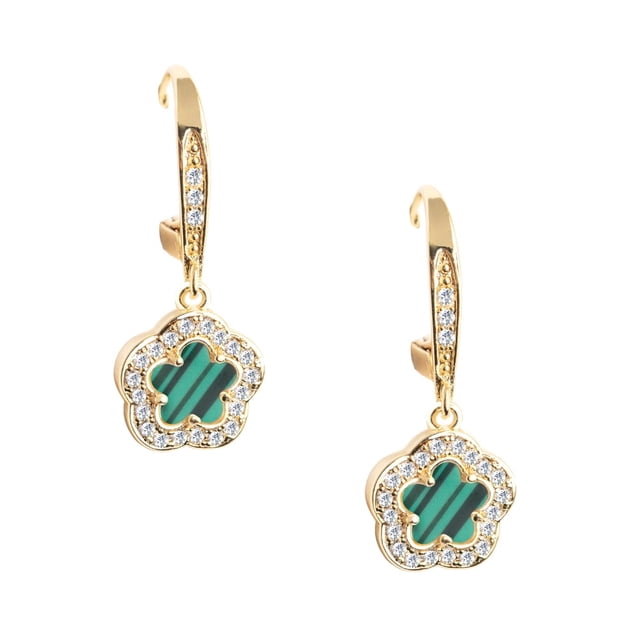 Aretes de gancho ZVEZDA circonias chapa de oro 18k Malaquita