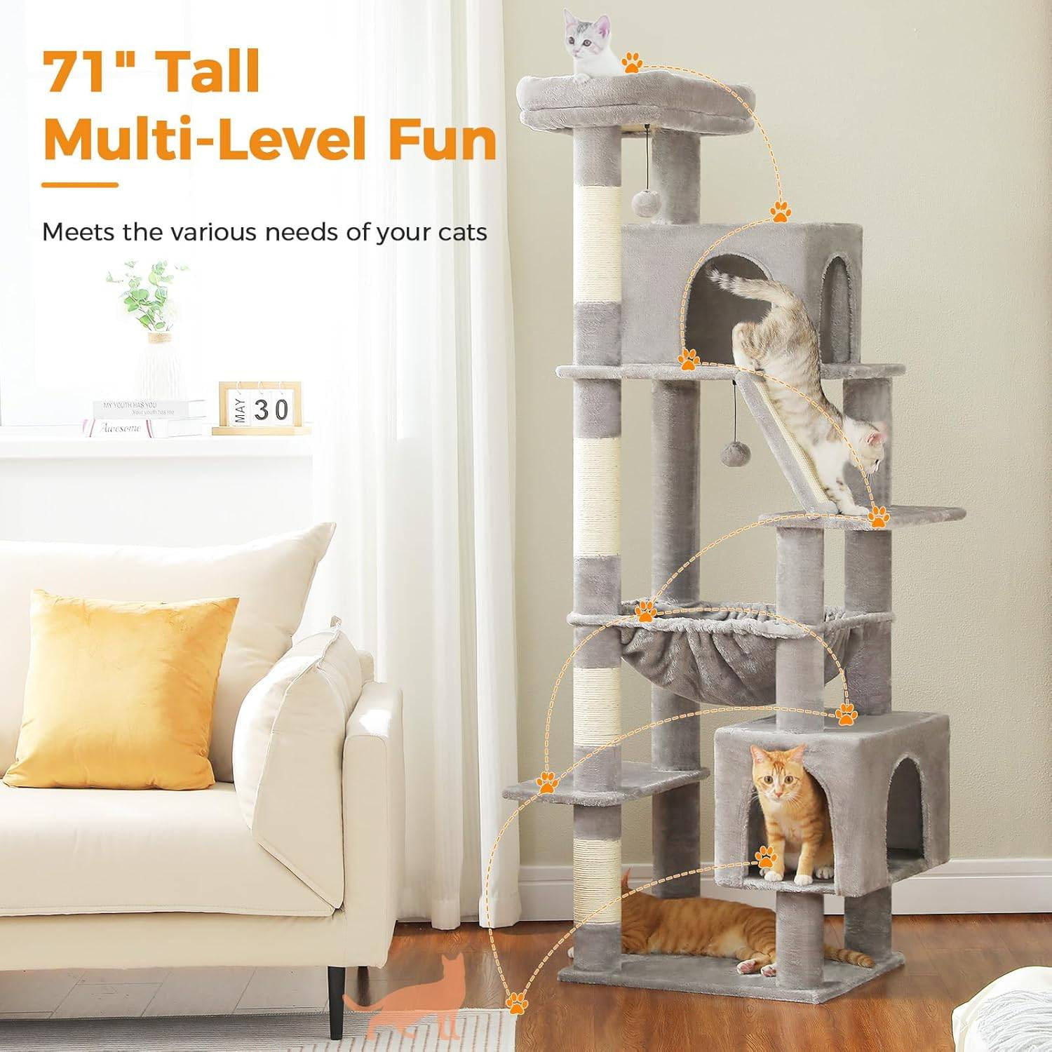PEQULTI 71'' Multi-Level Cat Tree Tower Large Cat Tree with Dual Spacious Condos Indoor Gray
