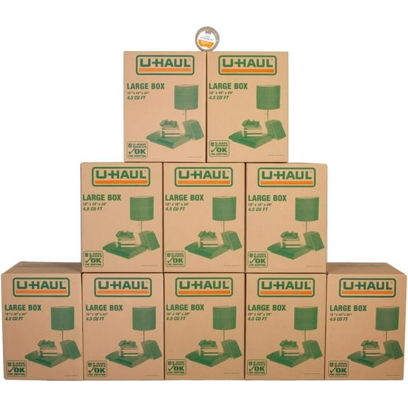 U-Haul Large Moving Boxes - Pack of 10 Boxes - 18” x 18” x 24”- Bonus Roll of Tape Included