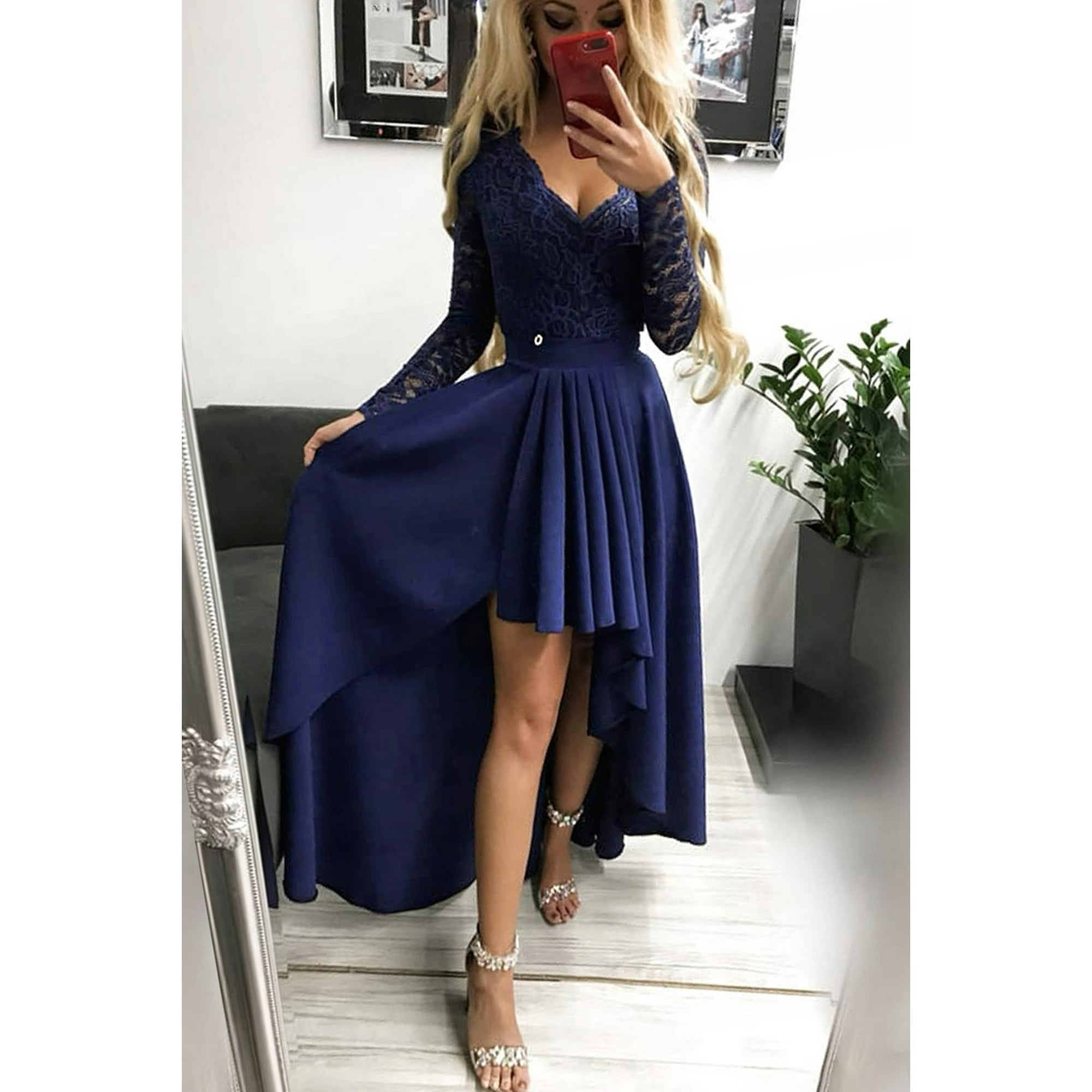 Chicfine Women s Dark Blue V Neck Lace Backless High And Low Hem Evening Dress Blue