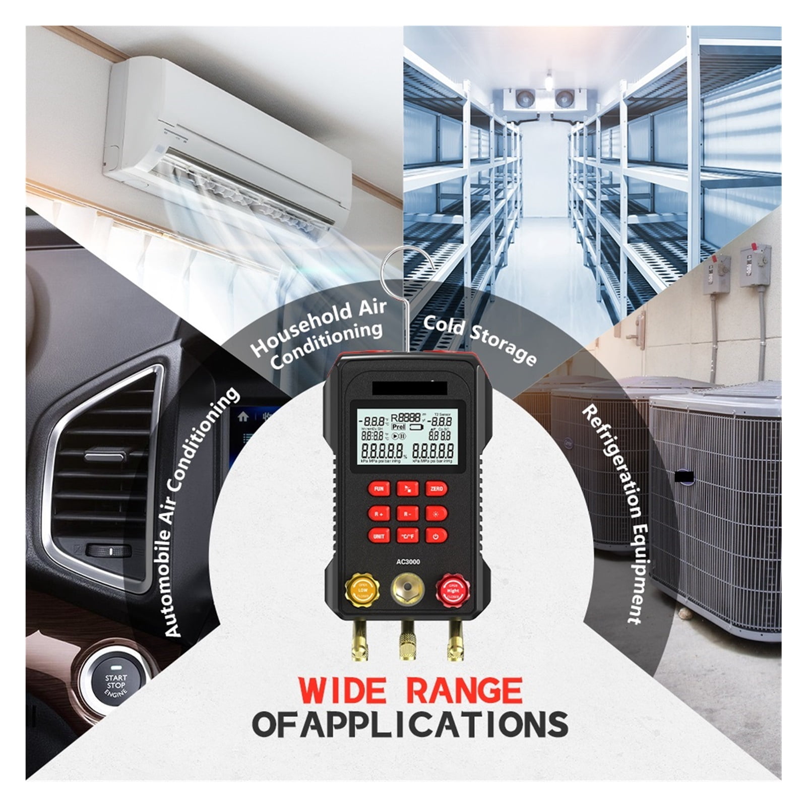 AC3000 Digital Manifold Meter Refrigeration Vacuum Gauge Digital Pressure Temperature Tester Air Conditioning Tools