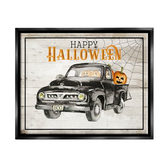 Stupell Industries Happy Halloween Pumpkin Truck Graphic Art Jet Black Floating Framed Canvas Print Wall Art, Design by Daniela Santiago
