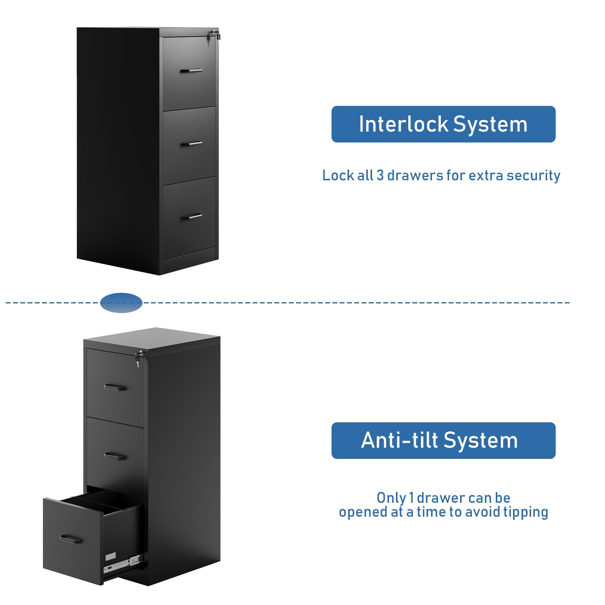 Ouyessir 15" Wide 3-Drawer Vertical Black Steel File Cabinet, Metal Filing Cabinet for Home Office