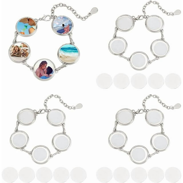 4 juegos de pulseras de sublimación, pulsera de graduación con transferencia de calor, bandeja redonda con bisel para foto, pulsera ajustable en blanco para sublimación con engaste de bisel y cabujón.