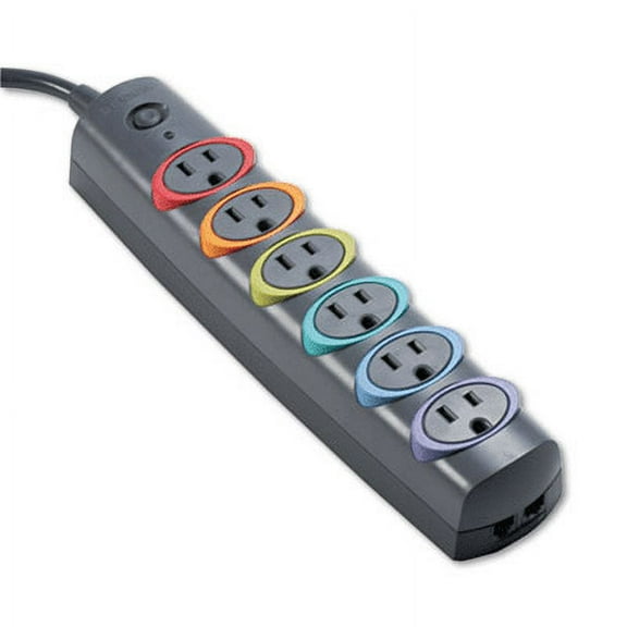 Kensington-1PK Smartsockets Color-Coded Strip Surge Protector, 6 Outlets, 6 Ft Cord, 670 Joules