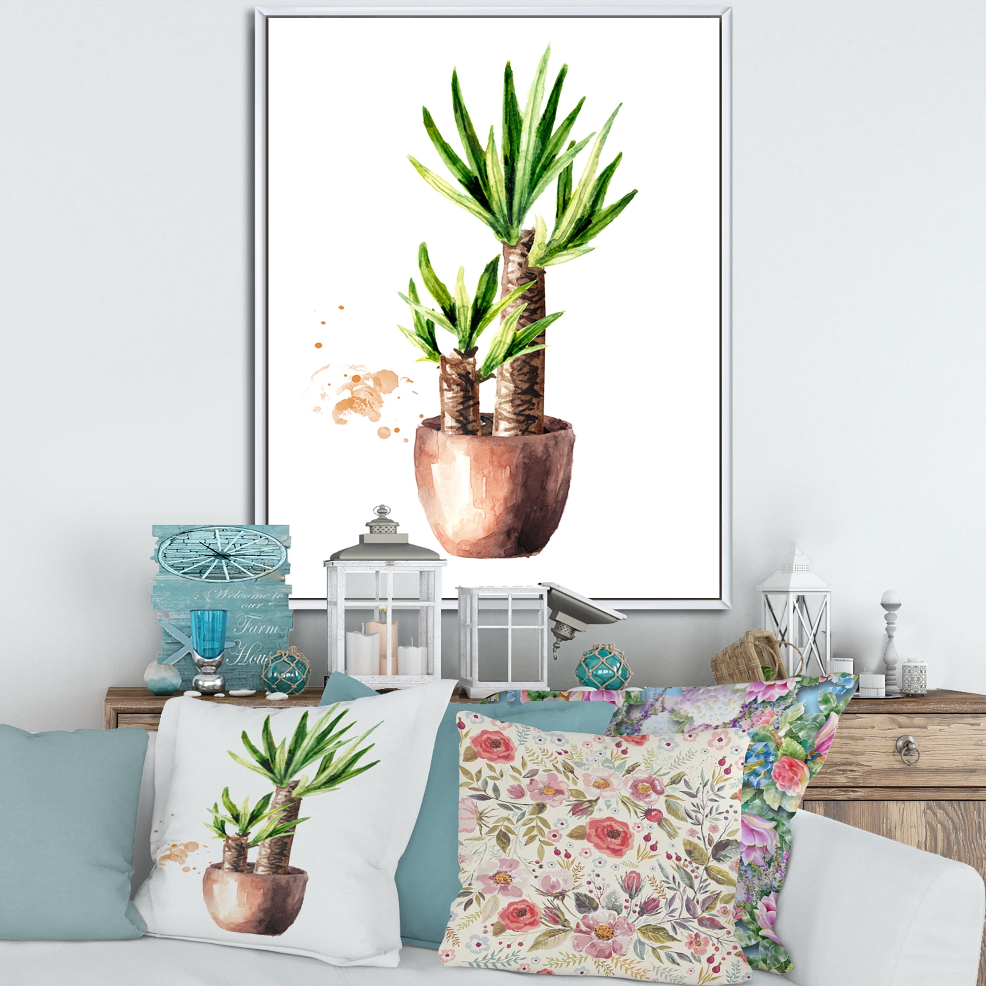 Designart 'Yucca Tree In The Ceramic Flower Pot On White' Traditional Framed Canvas Wall Art Print