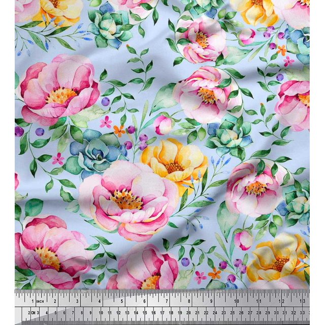 Soimoi Green Satin Silk Fabric Leaves & Floral Print Sewing Fabric BTY 42 Inch Wide