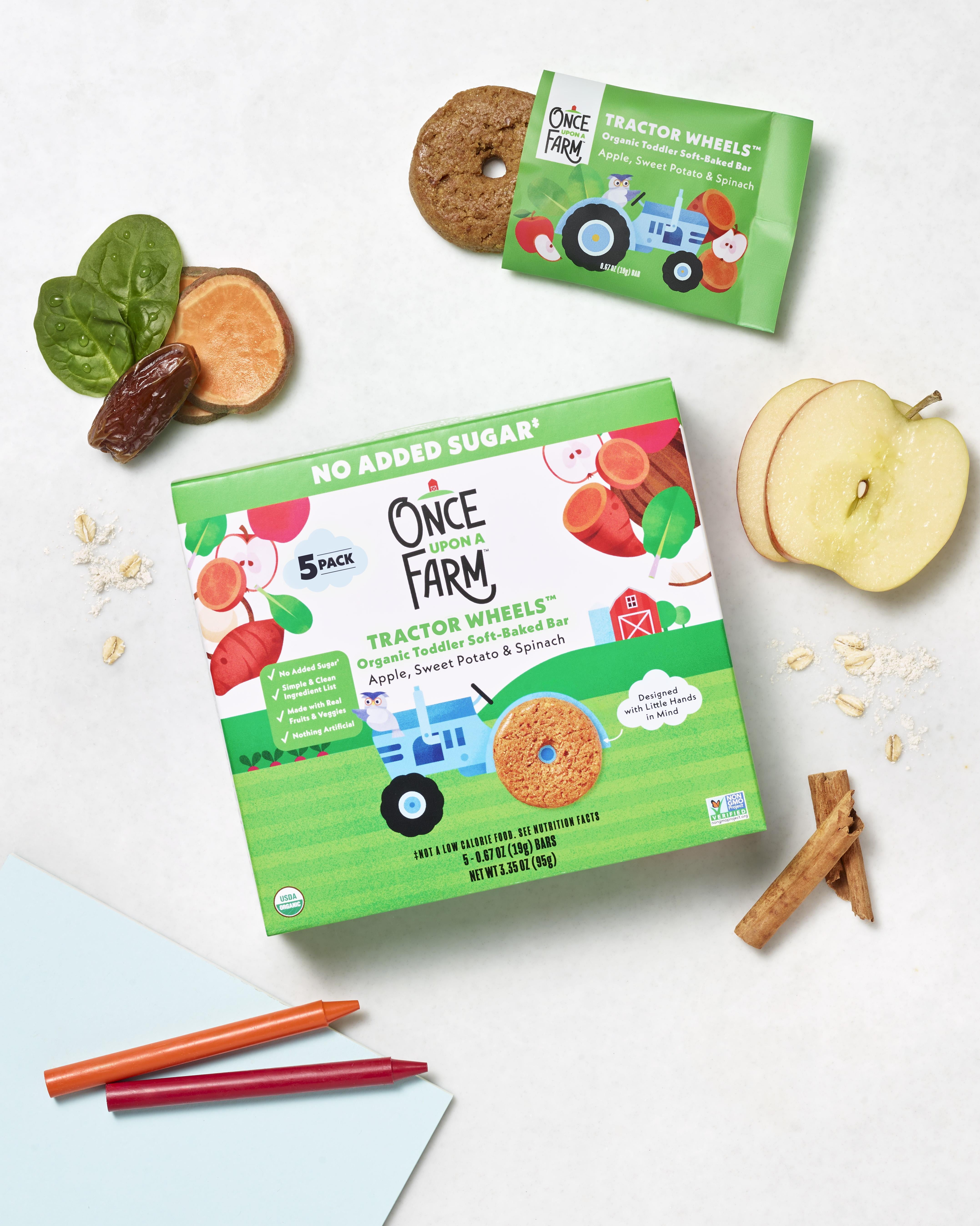 (8 pack) (8 pack) Once Upon a Farm Organic Tractor Wheels Toddler Bar, Apple, Sweet Potato & Spinach 5 Count