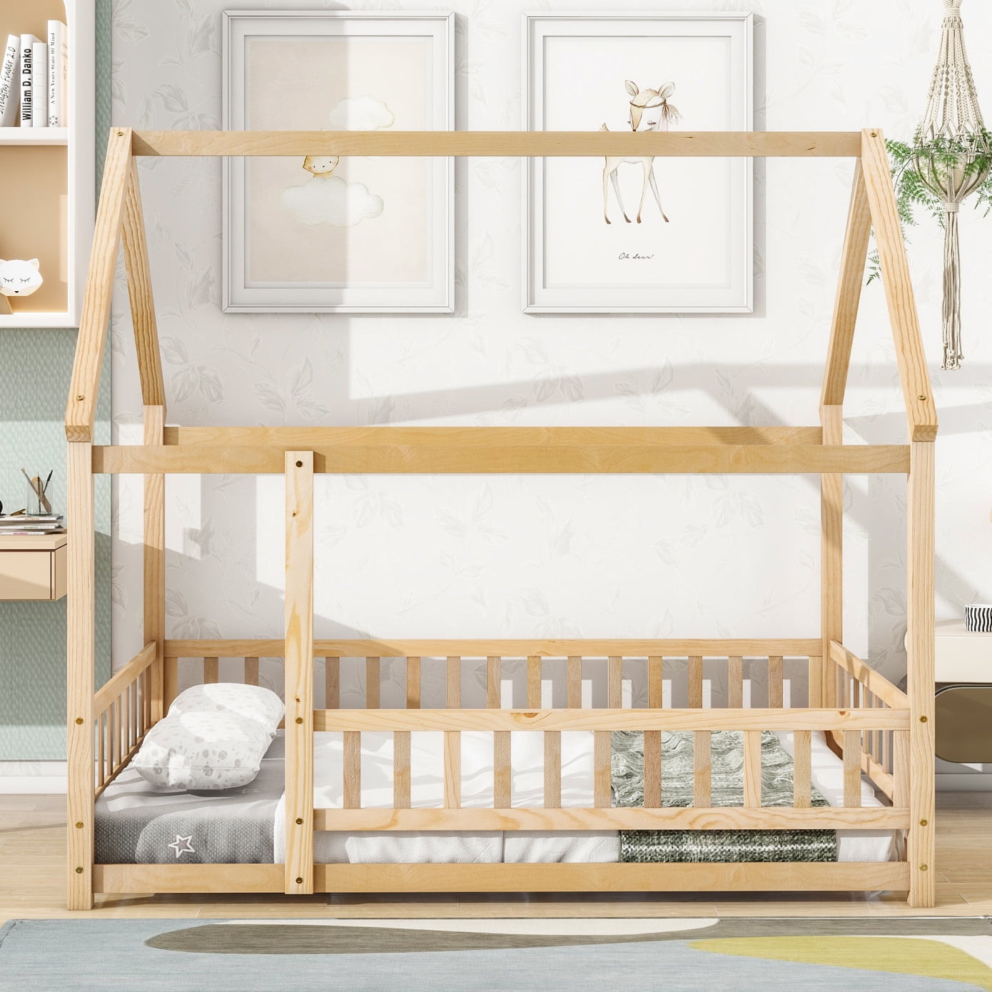 Full Size Floor Bed Frame with Roof, Wooden Montessori Bed with Fence Guardrails, No Slats Included, Natural