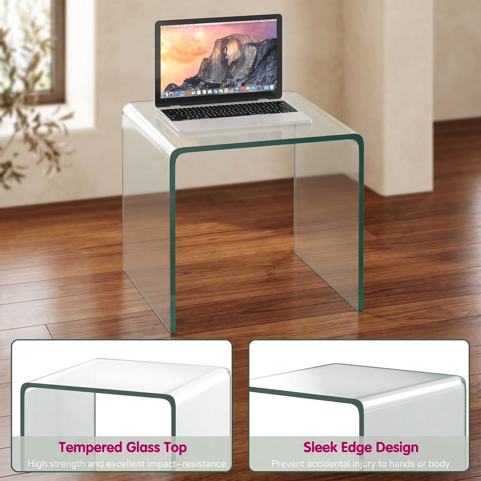 Furnibear 16 Inch Tempered Glass Waterfall End Table, Modern C-Shaped Side Table with Non-Slip Pads for Living Room Bedroom Office, 66 lbs Capacity, Clear Transparent