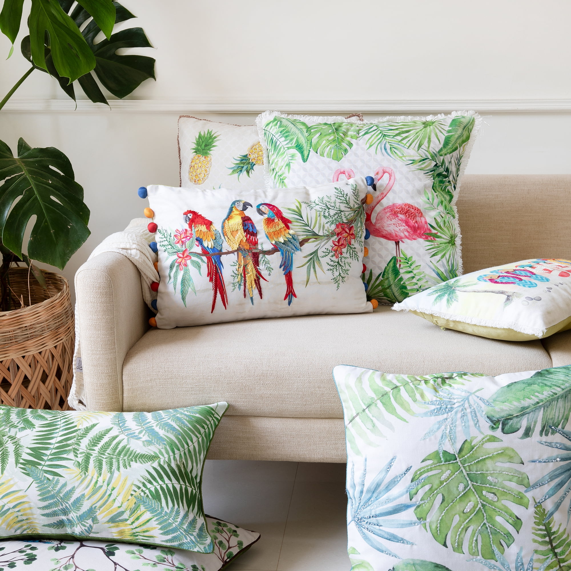 Harlow Hill 20" x 20" Coral Pink/Green Birds Performance Adult Decorative Throw Pillow Cover