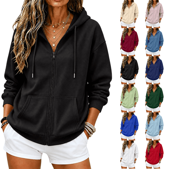 Zip Up Hoodie Women 2026 Long Sleeve Fall Winter Oversized Sweatshirts Zipper Oversized Cute Jackets with Pockets