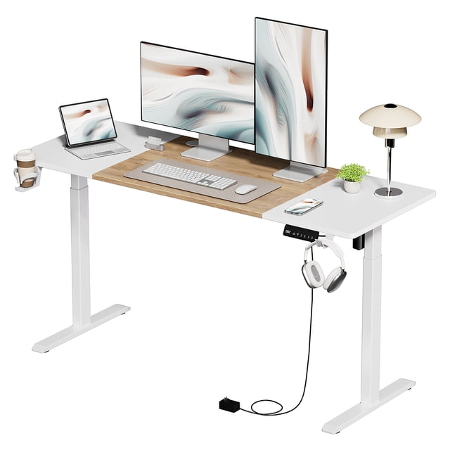 GUNAITO Height Adjustable Electric Standing Desk, 63 x 28 Inches Sit Stand up Desk, Memory Computer Home Office Desk, White&Brown