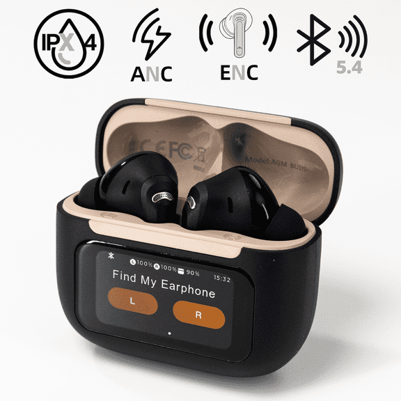 AGM Buds 9 Black: Bluetooth 5.4 earbuds with ANC ENC call noise reduction, 13mm driver, 6H 24H playtime, IP4 sweat resistant, and comfortable semi-in-ear design
