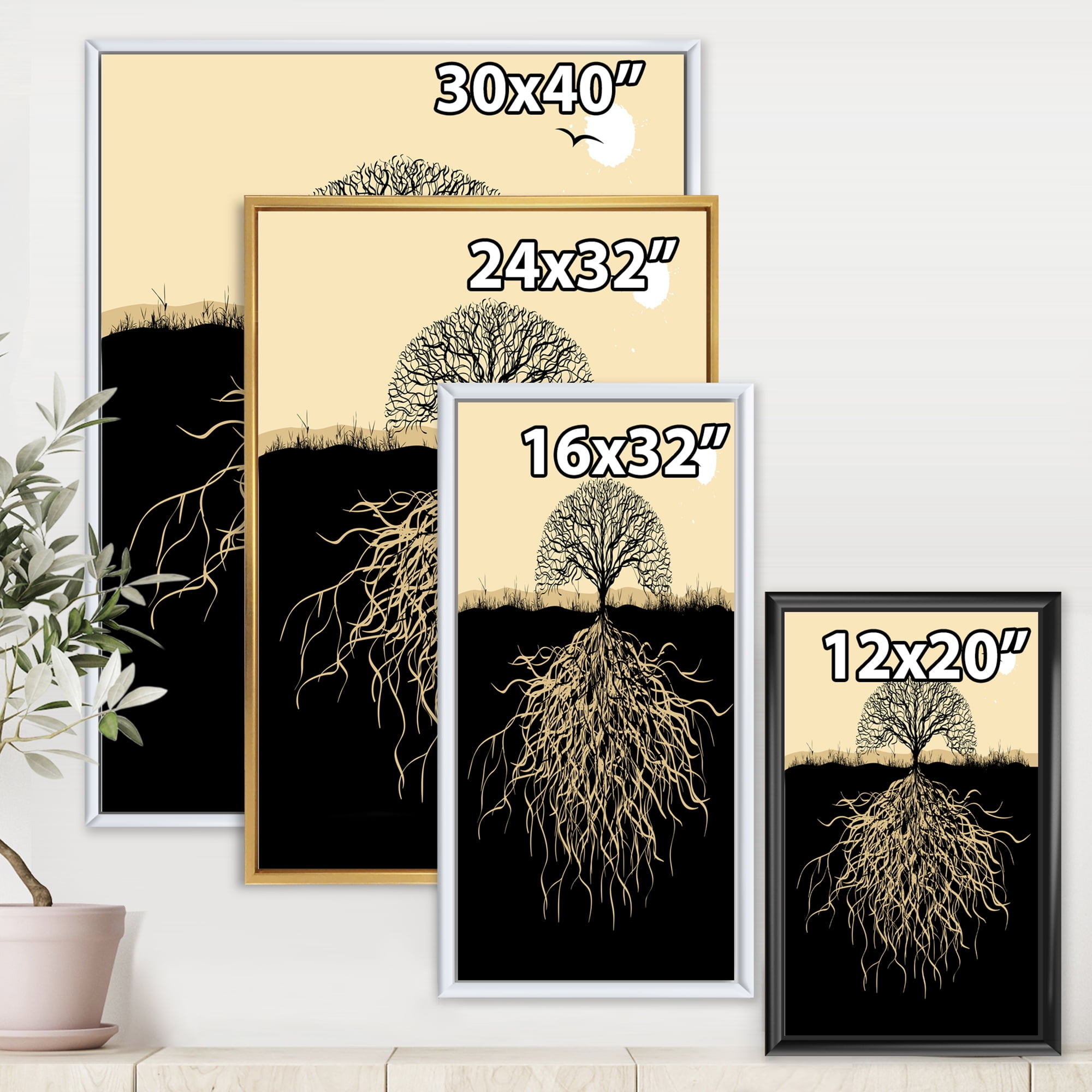 Designart 'Tree Silhouette With Underground Roots' Traditional Framed Canvas Wall Art Print