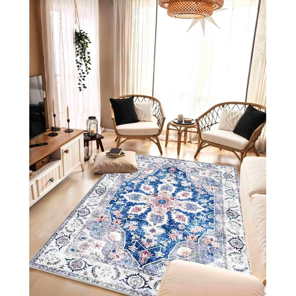 Machine Washable Area Rug 5x7 with Anti-Slip Backing Oriental Living Room Carpet Design 7770 Color Blue