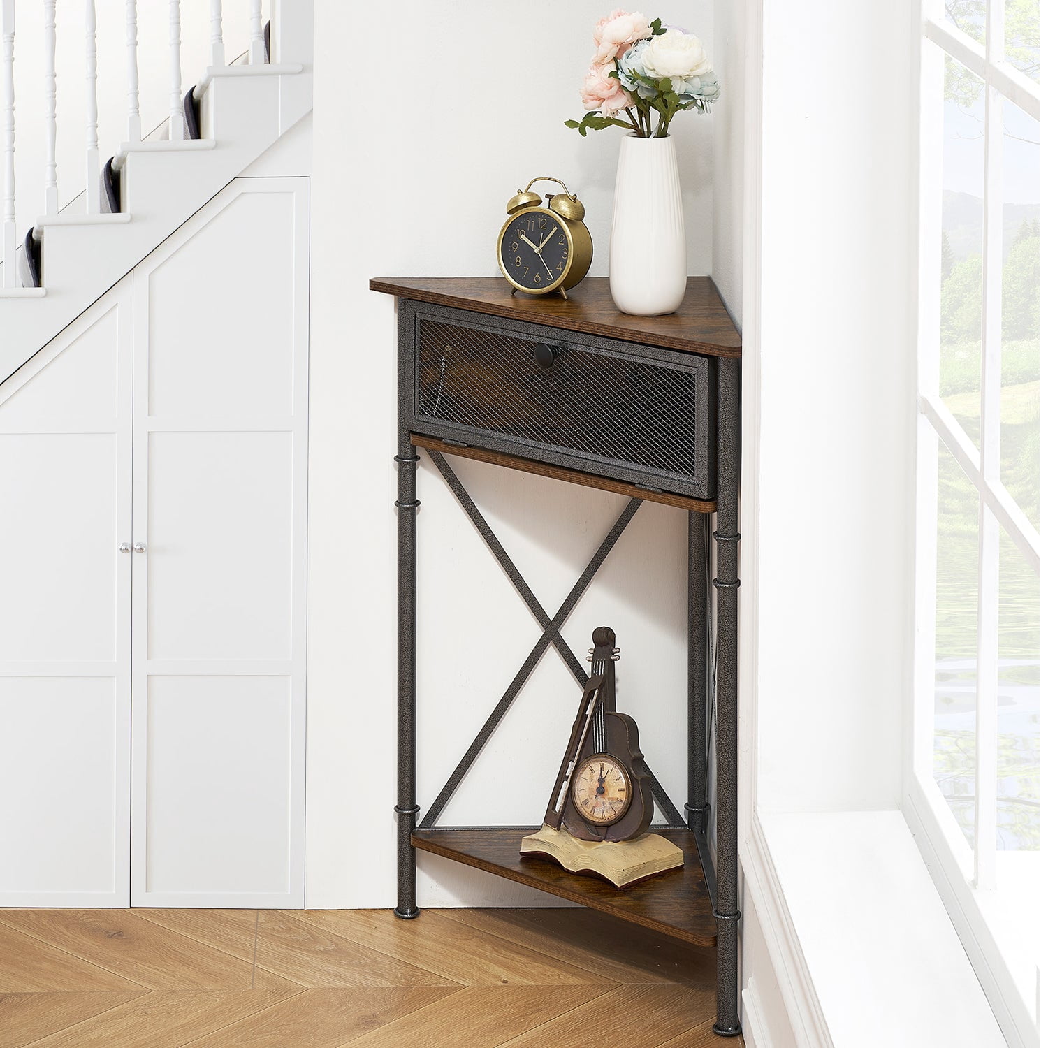 VECELO Corner Storage Cabinet with Flip Drawer and Shelf, Triangle X-Shaped Freestanding Floor Cabinet,  Brown