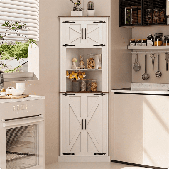 LAUSAINT HOME 67.7'' Tall Corner Cabinet, Corner Storage Cabinet with Barn Door Design & Adjustable Shelves, White
