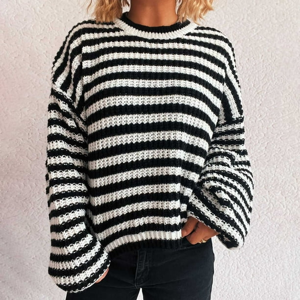 Suéter de cuello redondo para mujer, manga larga, cuello redondo, estampado a rayas, informal, suelto, de punto, top de poliéster para mujer