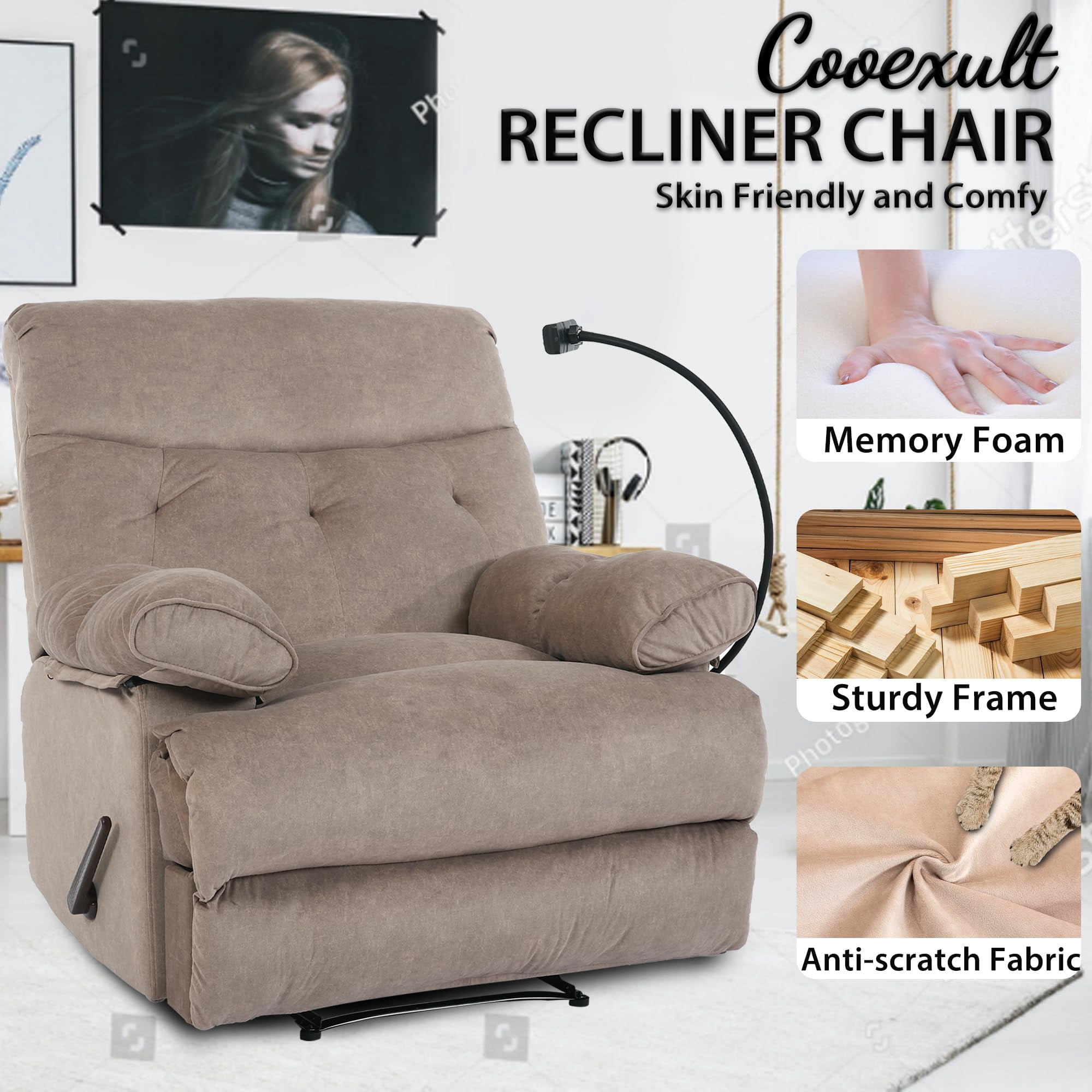 Ergonomic Manual Recliner for Adults, Oversized Modern Recliner Chair for Bedroom, Living Room, Home Theater and RV，Dark Brown