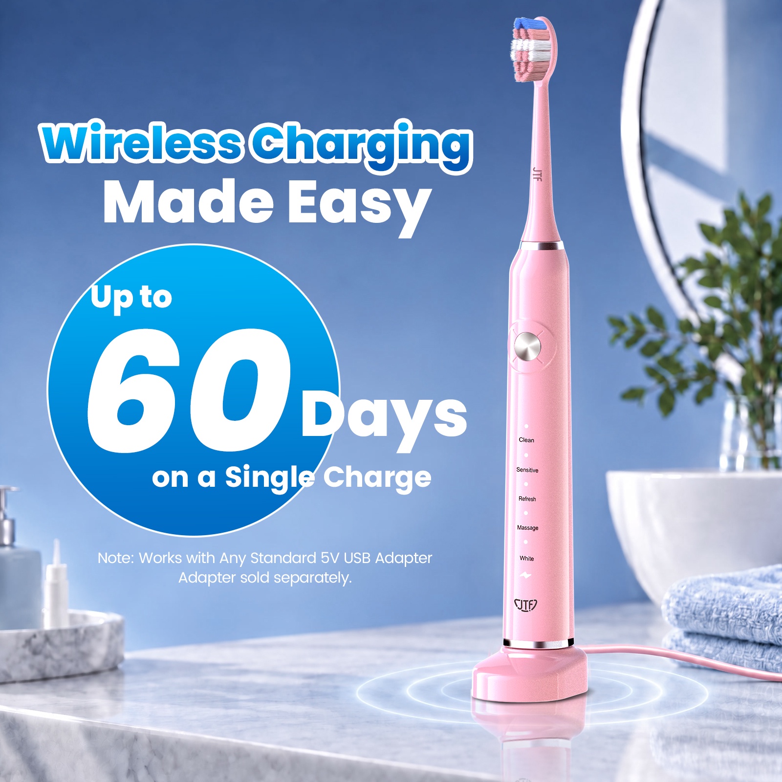 JTF Sonic Electric Toothbrush for Adults and Kids, Pink photo 7