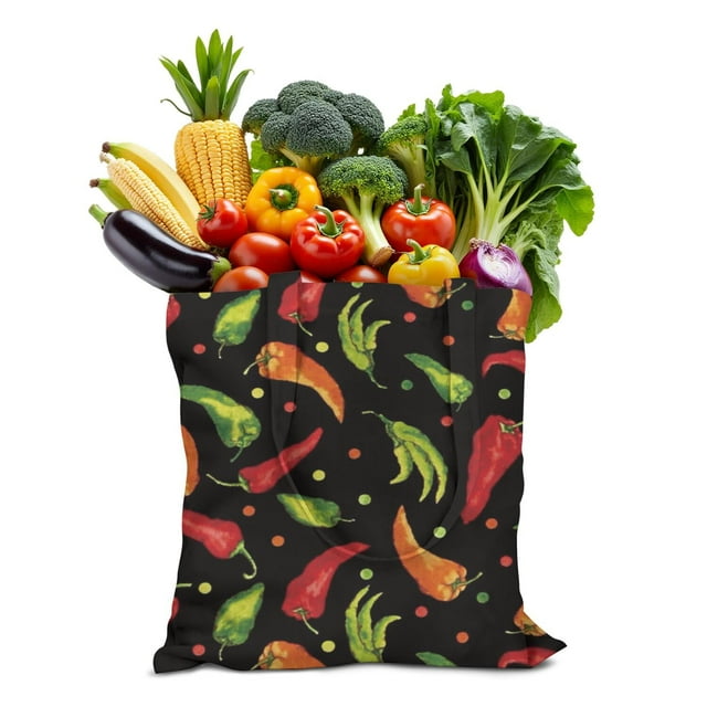 Sac Fourre-Tout en Toile Piments Mignon Motif Légumes Rouges Épicés Illustration Peinture Esthétique Kawaii Dessin Animé Réutilisable Écologique Léger Pliable
