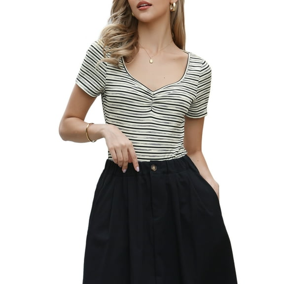 INSPIRE CHIC Stripe Bodysuits for Women's Sweetheart Neck Short Sleeve Ruched Body Suit Tops XS Black