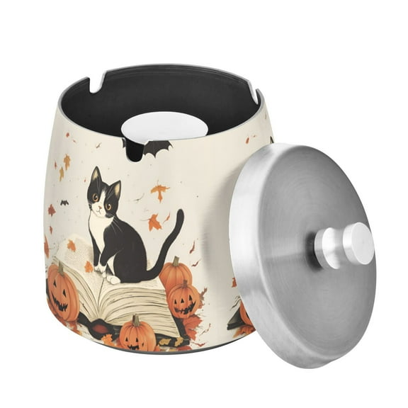 Yayeee Ashtray with Lid for Cigarette Smokeless Stainless Steel Home Ash Holder, Gray Cartoon Halloween Cat
