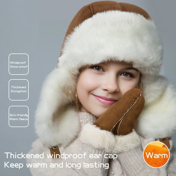 sunsanly Children Winter Hat Gloves Faux Fur Line Thickened Full Protection Thermal Isolation Windproof Cold Weather Skiing Skating Mittens Unisex Headwear