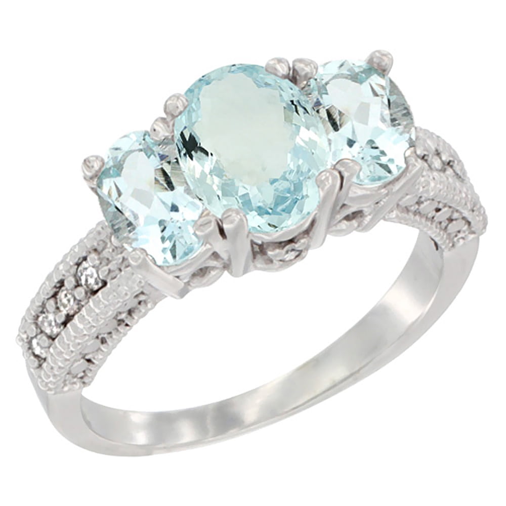 10K White Gold Diamond Natural Aquamarine Ring Oval 3-stone with Aquamarine, sizes 5 10 by WorldJewels